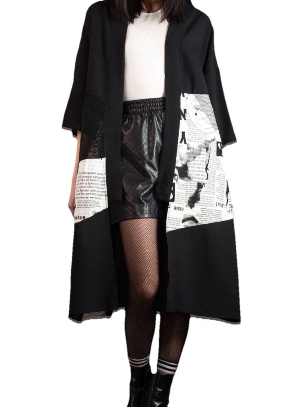 Kate Hewko Black Longline Patchwork Coatigan with White Print Panels